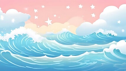 Blue Ocean Waves with White Clouds and Stars