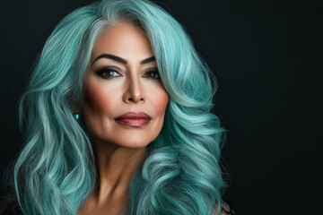 A middle-aged Arabian woman with hair styled like bold ocean waves in shades of turquoise and seafoam, set against a black background. Her high-end makeup and precise lighting bring out her graceful