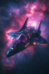 Obraz premium A glowing spacecraft with shifting holographic panels and pulsating LED lights, navigating through a starfield, with nearby nebulae casting a soft, colorful glow.