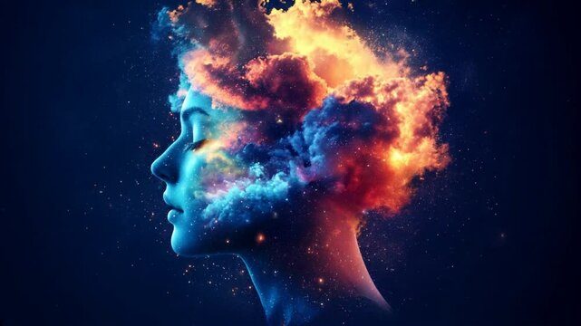 A creative brain with swirling rainbow clouds and light illustrating imaginative thought and inspiration in a cosmic atmosphere