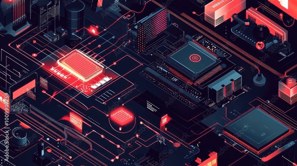 Poster abstract isometric digital network with red and black color scheme