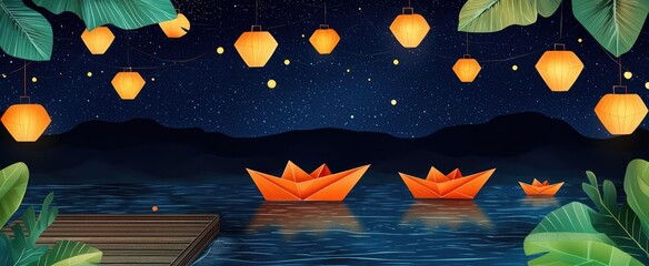 Paper Boats Floating on a Tranquil Nighttime Lake