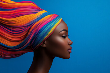 A young African American woman with a vibrant swirl of colors wrapping around her head, against a solid deep blue background. The flowing colors create a dynamic, artistic contrast to her serene