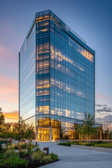 A towering office building with glass windows that reflect the fading evening light, surrounded by clean, manicured greenery and a neatly paved walkway, blending modern design with natural beauty.