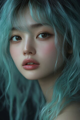 Fototapeta premium Close-up of a young Japanese woman with soft, ocean-like waves in her hair, in shades of lavender and seafoam green, against a dark backdrop. Her refined makeup and crisp lighting add an ethereal