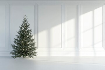 Christmas tree in front of a empty white mock-up wall, 3D Rendering, 3D Illustration  with generative ai