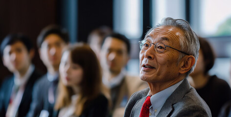 A senior Japanese businessman passionately sharing his insights during a workshop, with attentive young professionals listening intently. The diverse group reflects a collaborative approach to problem