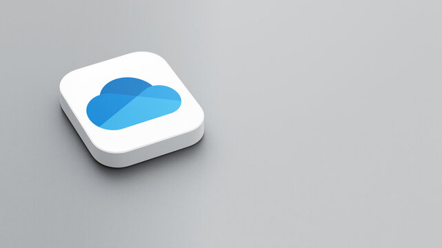 An icon of the Microsoft OneDrive app logo on a gray background, a white square with rounded corners, a minimalistic design, 3D rendering.