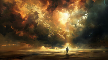 Fototapeta premium The image shows a figure standing with their back to the viewer, gazing up at a bright light breaking through an opening in dark, stormy clouds