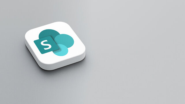 An icon of the Microsoft SharePoint app logo on a gray background, a white square with rounded corners, a minimalistic design, 3D rendering.