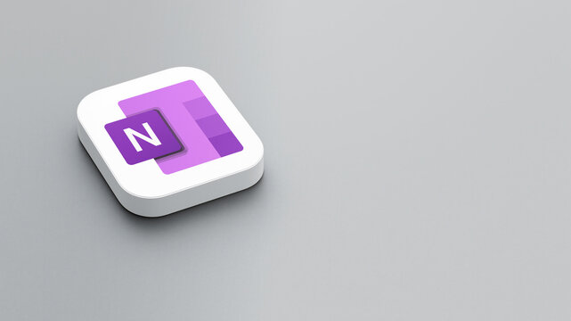 An icon of the Microsoft OneNote app logo on a gray background, a white square with rounded corners, a minimalistic design, 3D rendering.