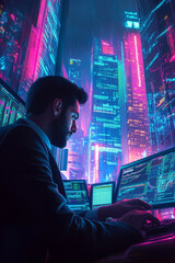 A young adult Arabian stock trader in a sharp suit, deeply engaged in an intense trading session, surrounded by screens, with a breathtaking neon cityscape glowing behind him, highlighting his