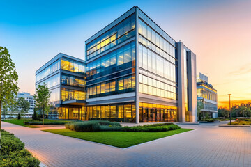 Obraz premium A sleek modern office building with large glass panels reflecting the warm hues of the evening sky, surrounded by well-manicured greenery and a smooth paved walkway leading to the entrance.