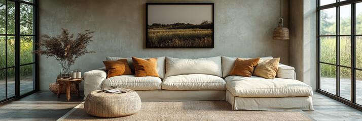 Modern living room with a large sectional sofa and natural elements.