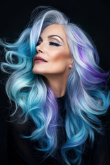 Fototapeta premium A senior Brazilian woman with hair flowing like colorful ocean waves in shades of blue and purple, set against a black background. The flawless makeup and studio lighting emphasize her elegant