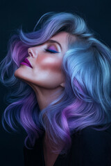 Fototapeta premium A senior Brazilian woman with ocean-wave-styled hair in deep, swirling shades of purple and blue, set against a dark background. The lighting and makeup are perfectly balanced for a bold, modern