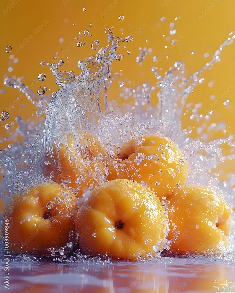 Aufkleber a cluster of ripe apricots splashed with water, creating a vibrant and refreshing image.