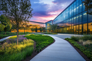 Fototapeta premium A modern glass-paneled office building reflecting the vibrant colors of the evening sky, surrounded by lush, well-groomed greenery and a sleek, paved walkway cutting through the garden.