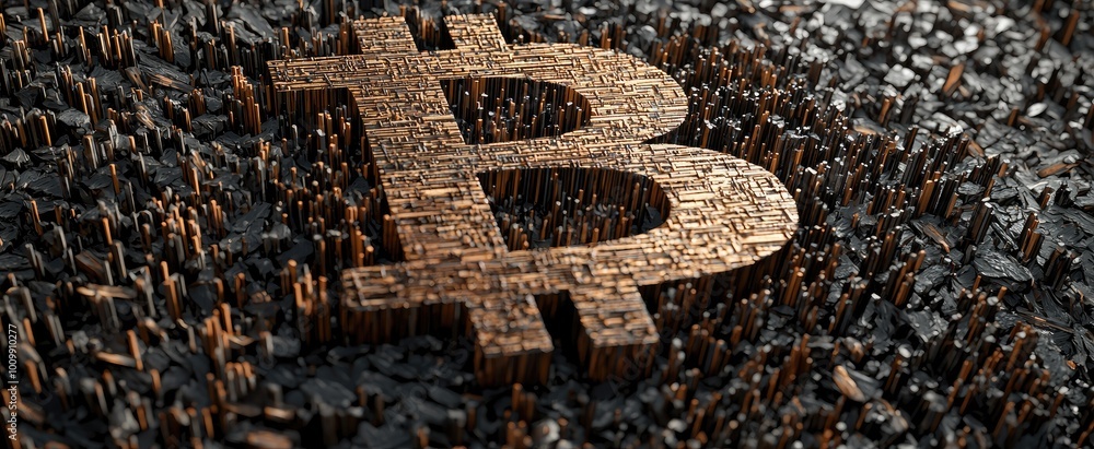 Poster a 3d rendering of the bitcoin symbol constructed from stacked metal bars.