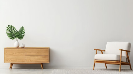 Minimalist living room with a white armchair, wooden cabinet, and green leaves.