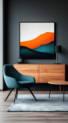 Teal armchair in a modern living room with an abstract print above a cabinet.