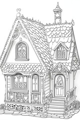 Naklejka premium A detailed illustration of a charming, intricately designed cottage with a gabled roof, ornate windows, and a welcoming porch.