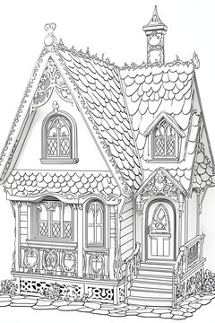 recommend clip art: A detailed illustration of a charming, intricately designed cottage with a gabled roof, ornate windows, and a welcoming porch.
