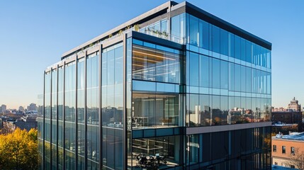 Obraz premium Modern Glass Office Building Reflecting City Skyline