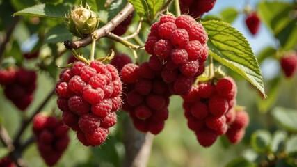 closeup image of a raspberries attached to its tree background