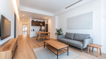 Fototapeta premium Modern living room with a grey couch and wooden coffee table.