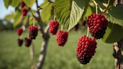 closeup image of a mulberries attached to its tree background