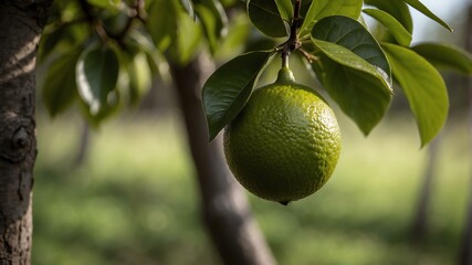 closeup image of a lime attached to its tree background