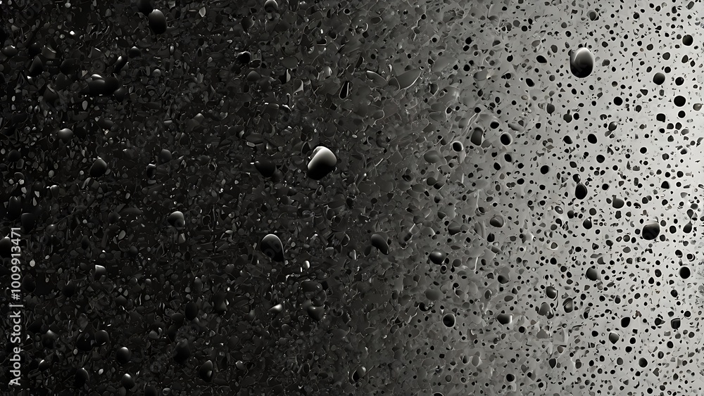 Poster abstract black and white image featuring a textured surface with numerous droplets scattered across 