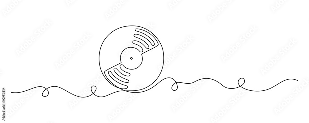 Poster One continuous line drawing of Vinyl LP record with notes. Vintage black disk and Retro sound album in simple linear style. Editable stroke. Doodle vector illustration