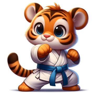 A cute cartoon tiger cub dressed in a martial arts uniform, practicing karate with focus and precision. isolated, white background 