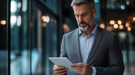 A Man in a Suit Uses a Tablet in an Office Setting
