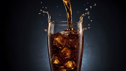 close up photograph of a tall, clear glass filled with a dark, carbonated beverage, likely cola, positioned centrally against a dark, gradient background 