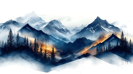 A majestic mountain range with snow-capped peaks and a hint of golden light illuminating the snowy landscape.