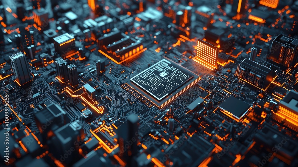 Poster a close-up view of a glowing circuit board with a central processor