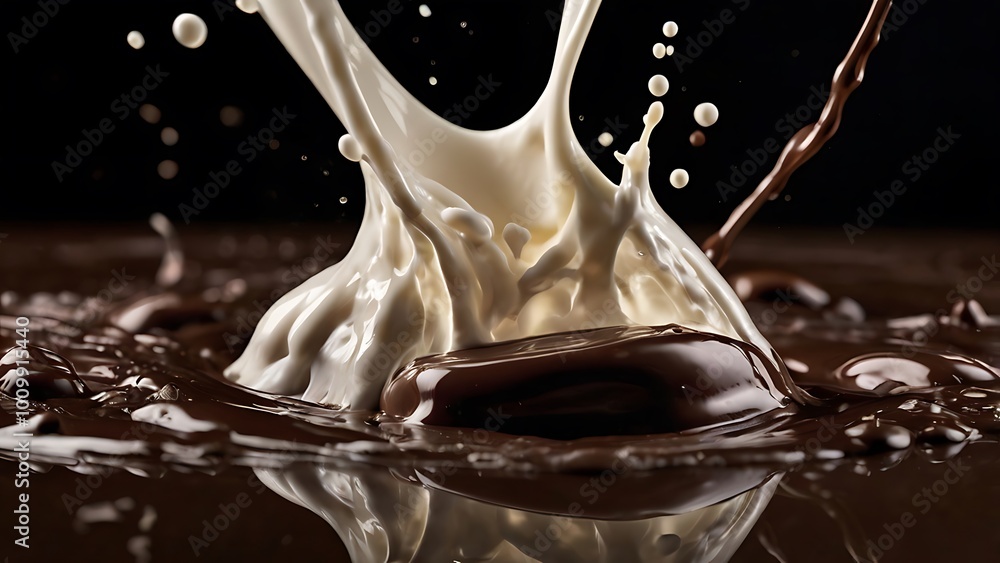 Poster close up image capturing the dynamic splash of two contrasting liquids against a dark background fea