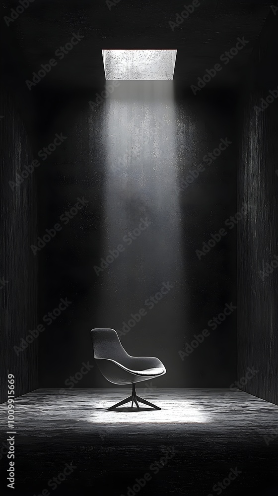Poster A single chair sits in a dark room illuminated by a single beam of light from a small window overhead.