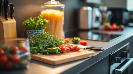 A sleek, modern kitchen features a cutting board with fresh vegetables and herbs, suggesting a healthy cooking atmosphere. The space is minimalist and well-organized. - Powered by Adobe