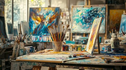 Fototapeta premium The image captures an art studio brimming with vibrant colors, showcasing various canvases alongside brushes and paint pots, exuding a creative and energetic atmosphere.
