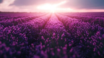 Fototapeta premium A field of lavender flowers with the sun shining through the clouds in the background during the middle of the day is a stunning sight
