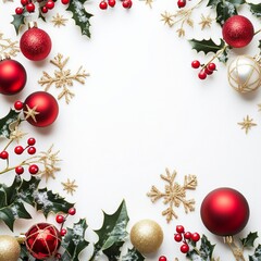 This festive image showcases a beautiful arrangement of Christmas ornaments and holly leaves. It combines red and gold colors with snowy designs, perfect for holiday themes. AI