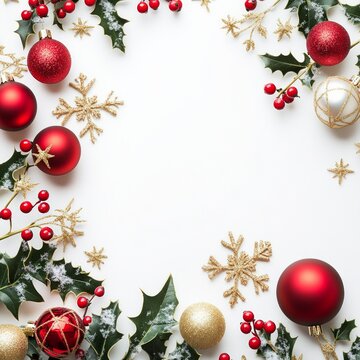 This festive image showcases a beautiful arrangement of Christmas ornaments and holly leaves. It combines red and gold colors with snowy designs, perfect for holiday themes. AI
