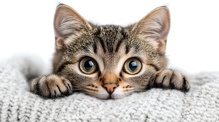 Adorable kitten peeking from knit blanket
