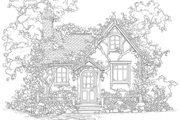 Obraz premium A charming cottage covered in lush greenery, inviting you into a world of tranquility and fairytale charm.