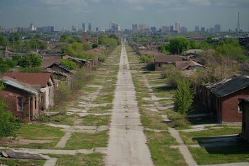 Fototapeta premium An urban scene depicting a long, deserted street flanked by decaying houses, leading toward a distant city skyline, showcasing urban decay and societal neglect.