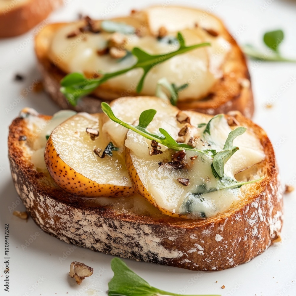 Poster Delicious open-faced sandwich with melted cheese, ripe pears, and fresh herbs on toasted bread. This food image showcases a gourmet snack perfect for brunch or casual dining. AI